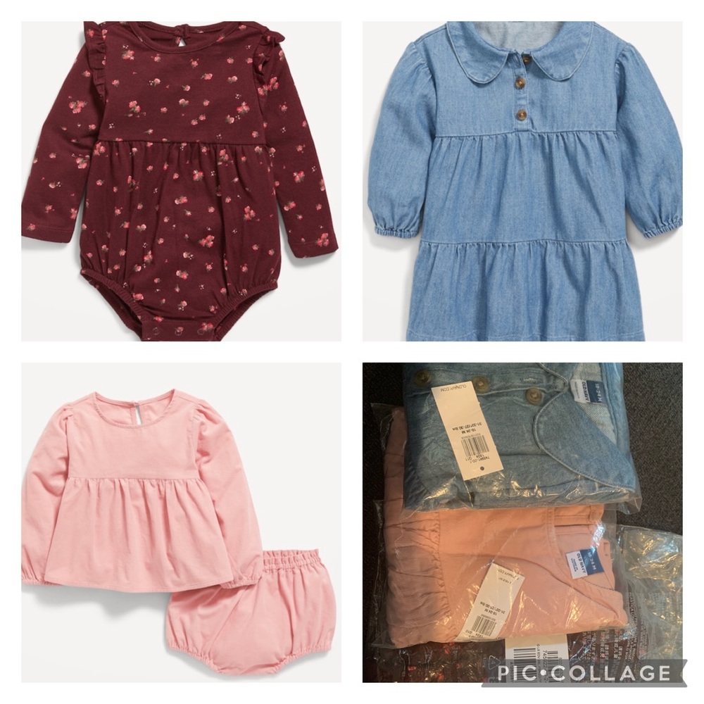 Burgundy One-Piece Romper, Chambray Tiered Dress, Pink Corduroy Top and Bloomers